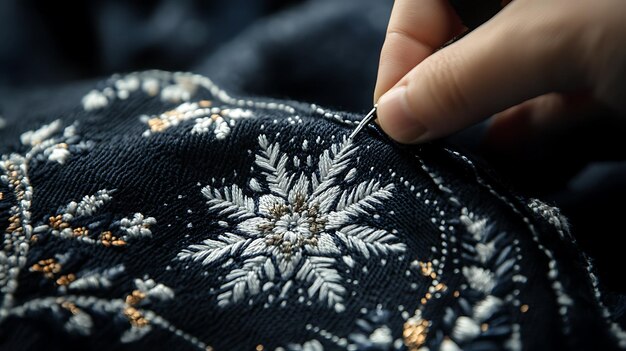 Рука вышивает узор